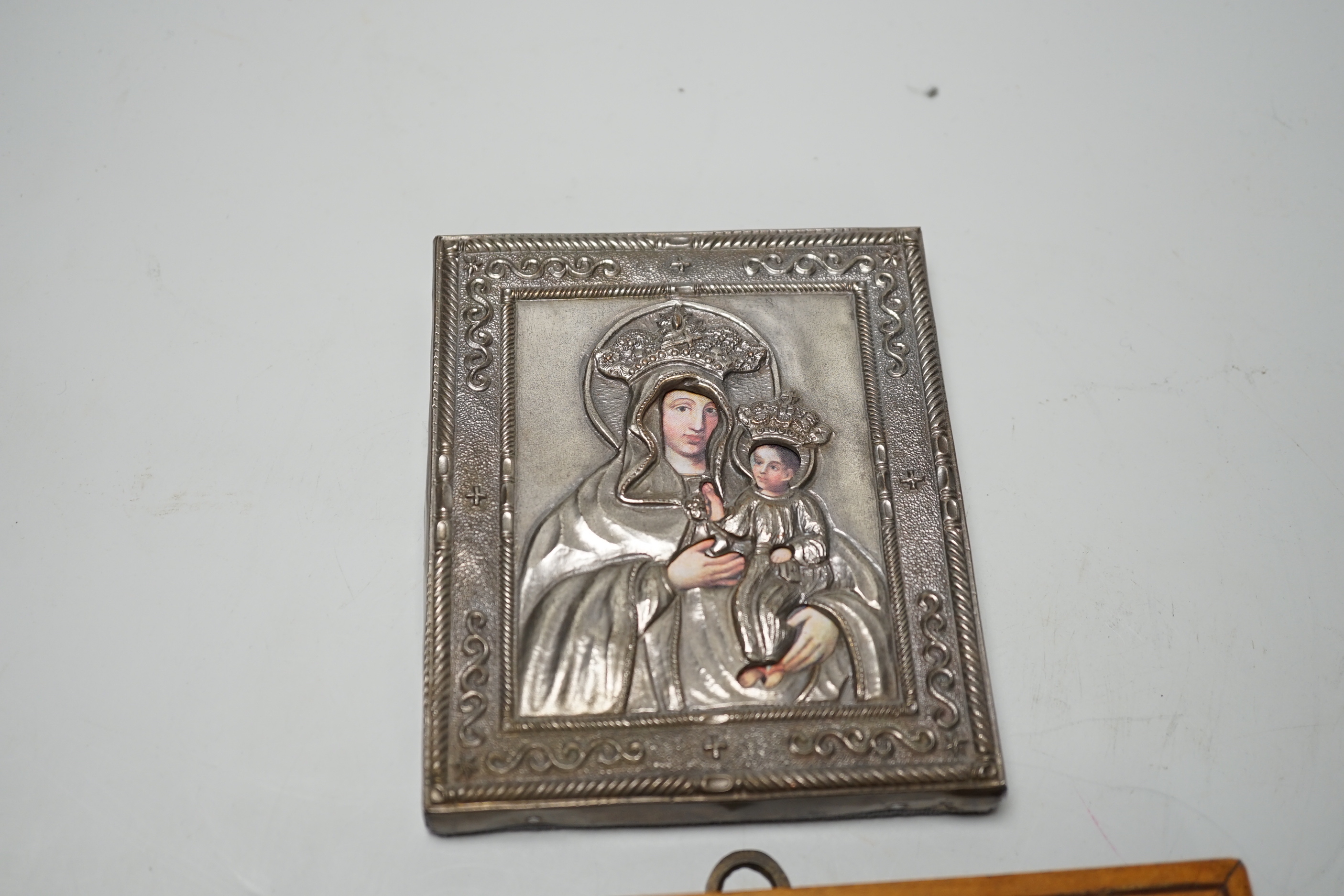 Continental School, oil, Study of a finch, and a small printed and overlaid Icon